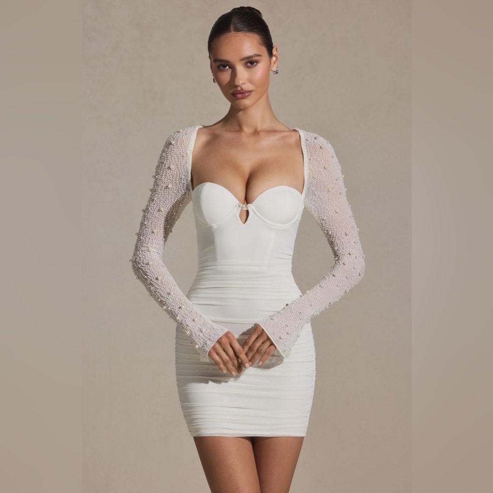 Oh Polly St. Germain Embellished Long Sleeve Mini Dress in white
